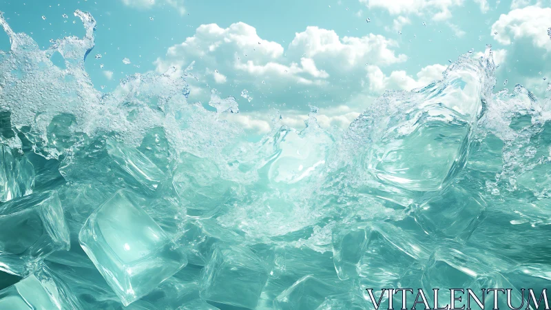 Ice cubes collide with splashing turquoise water surface