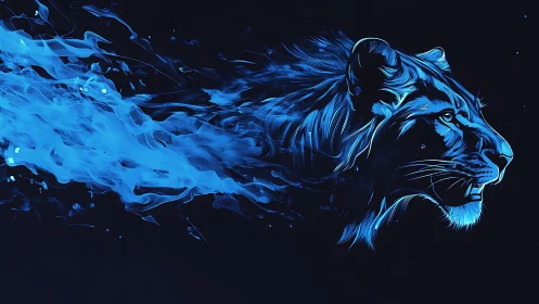 Blue lion profile rendered as flowing digital energy