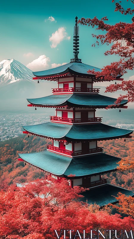 Autumn pagoda rises before snowcapped mountain under teal sky