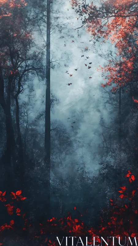 Autumnal Descent: Atmospheric Forestscape with Chromatic Leaf Fall.