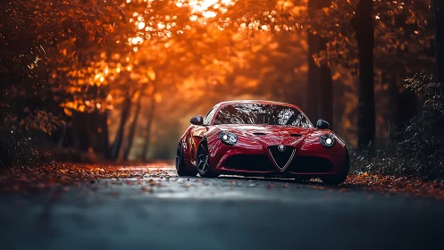 Red sports car glows against a dramatic autumn forest road