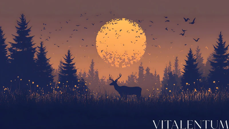 Digital painting of stag silhouette against dissolving moonlit forest.