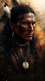 Warrior elder gazes forward in richly textured portrait.