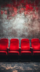 Four red theater seats stand against distressed textured wall