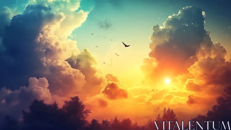 Radiant sunset clouds with soaring birds above forest line.
