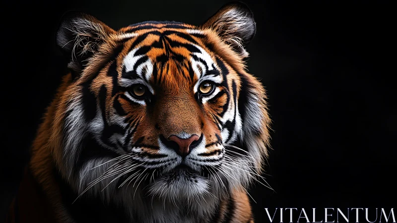 Tiger portrait on dark background with sharp intense gaze.