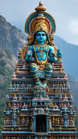Majestic blue temple deity rises against misty mountain backdrop
