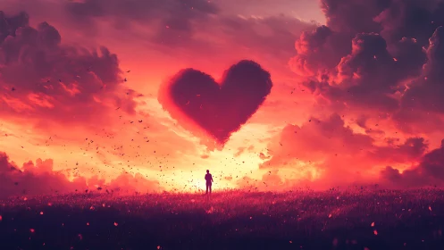 Solitary figure gazes at heart-shaped cloud in burning sunset.