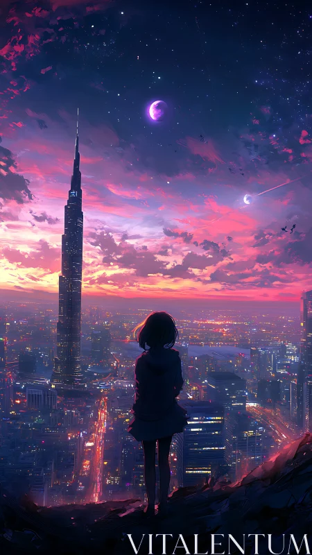 Silhouetted girl observes illuminated city under dual moons