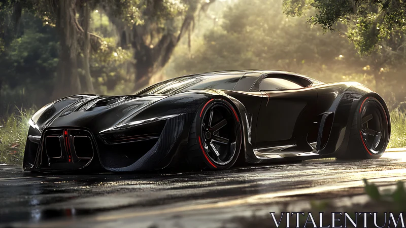 Futuristic black hypercar on wet forest road at sunrise.