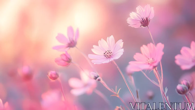 Soft-focus pink cosmos flowers in dreamy backlit bokeh field