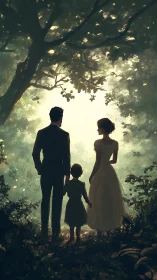 Family silhouette under glowing forest canopy at dusk.