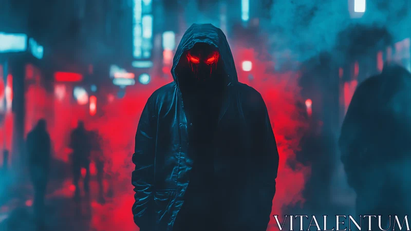 Hooded cyber-wraith in neon fog with emissive red optics.
