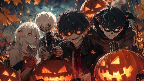 Halloween costumed teens amid glowing jack o lanterns at night.