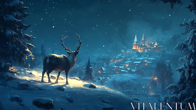 Stag overlooks snow village under midnight winter sky.