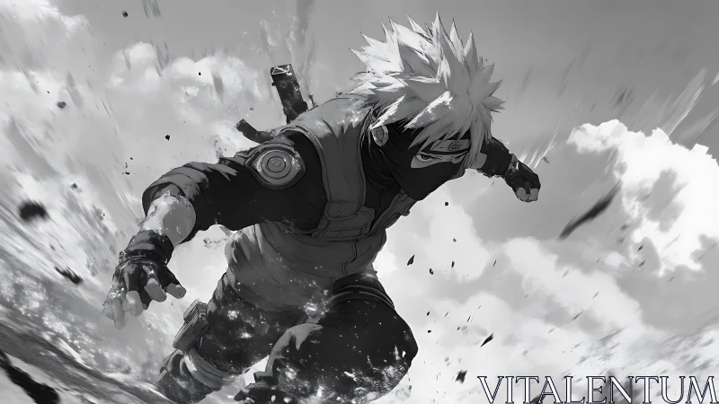 Wind-slicing shinobi surges forward through grayscale storm