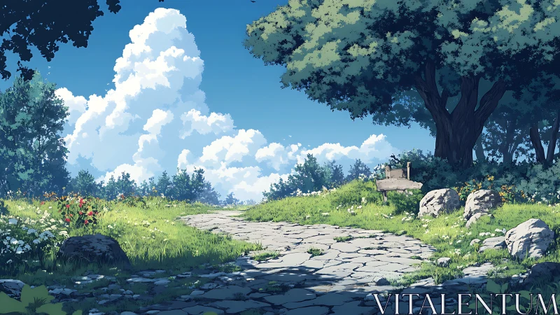 Sunlit stone path curves through tranquil summer meadow.