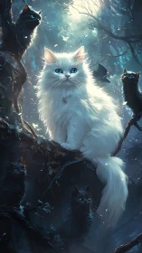 White Cat Guardian with Black Felines in Mystical Forest Setting.