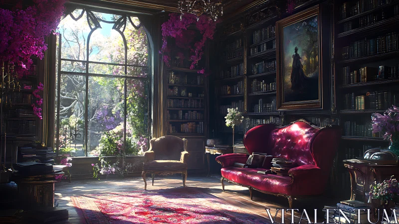 Digital painting of sunlit Victorian library interior design.