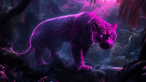 Neon Jaguar Emerges from Mystical Jungle Darkness.