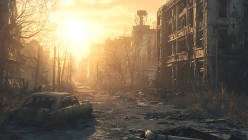 Deserted urban street at sunrise with decayed buildings.