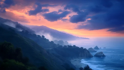 Coastal mountain range meets layered clouds at twilight