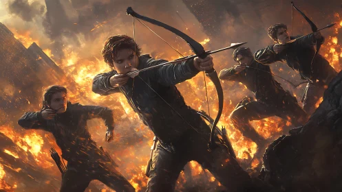 Coordinated archer squad advances through incendiary urban battlefield