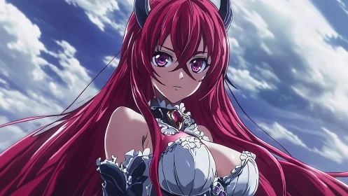 Anime demon heroine under dynamic cloud-swept sky backdrop.