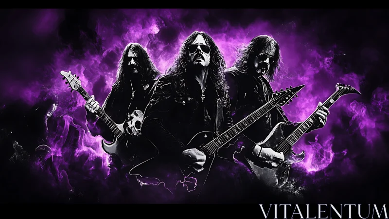 Triadic metal guitarists in neon-plasma purple combustion.