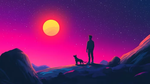 Digital painting of stargazer and dog on neon dusk ridge.
