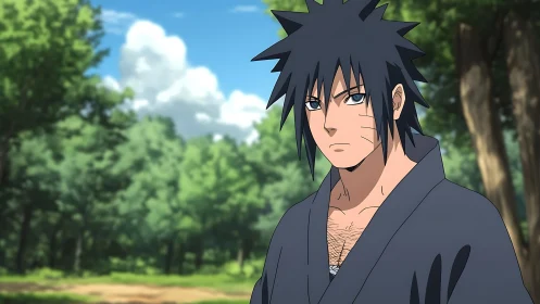 Serious anime man with spiky hair in bright forest scene.