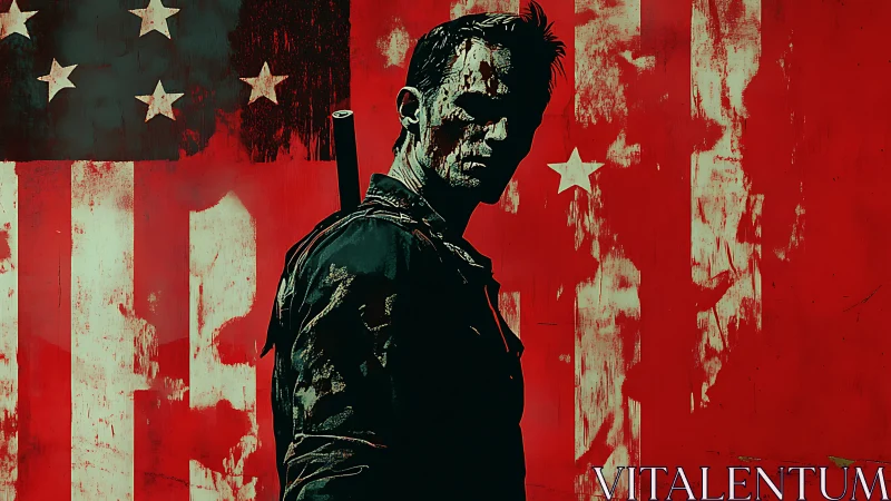 Battle-scarred soldier stands before distressed US flag backdrop