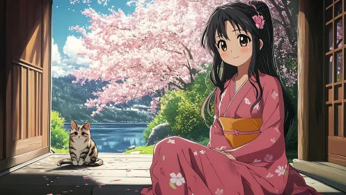 Girl in pink kimono sits with cat before cherry blossoms