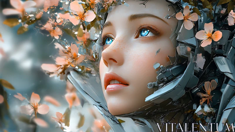 Floral cybernetic portrait of girl with luminous blue eyes.