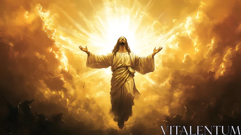 Radiant ascension figure rises in glowing golden heavens