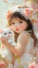 Young girl holding white kitten in luminous floral garden