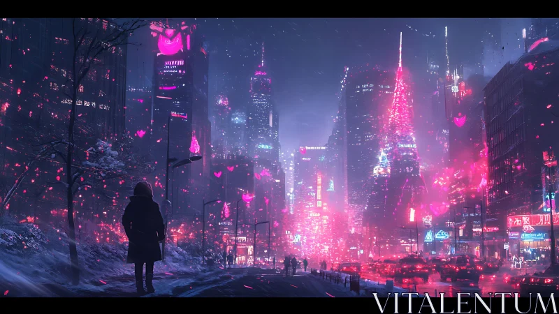 Neon snowfall rewrites a cyberpunk street into electric bloom