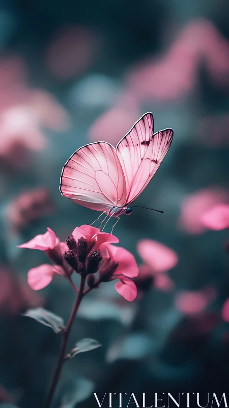 Gentle pink butterfly pauses softly on glowing spring flowers