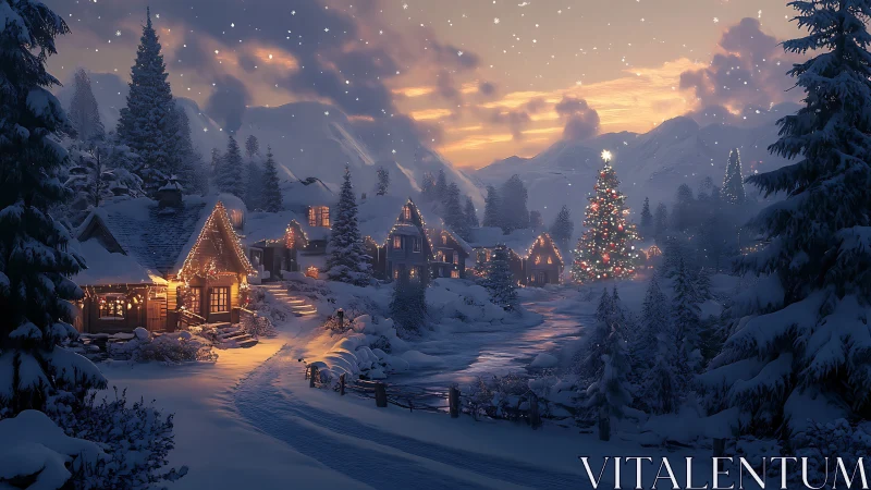 Snowy Christmas village glows warmly beneath a dreamy sunset