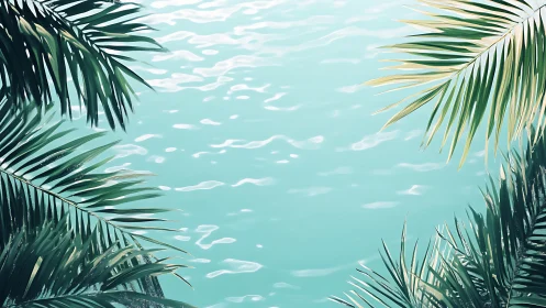 Tropical palm canopy frames tranquil turquoise water surface.
