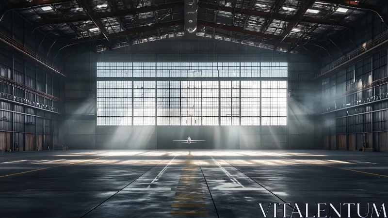Quiet airplane rests in a sunlit industrial hangar.