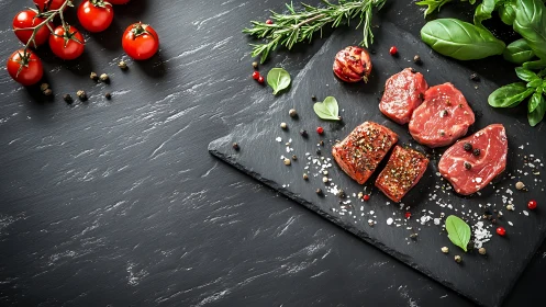 Slate board symphony of raw steak, herbs and ruby tomatoes.