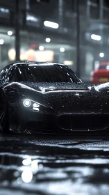 Low-slung black sports coupe under rain with high-gloss reflections