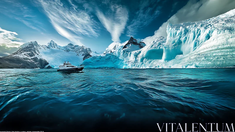 Expedition vessel cutting through glacial turquoise seascape.