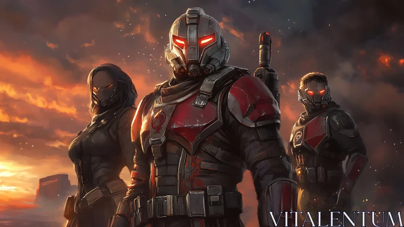 Armored futuristic squad in red-black gear at dusk.