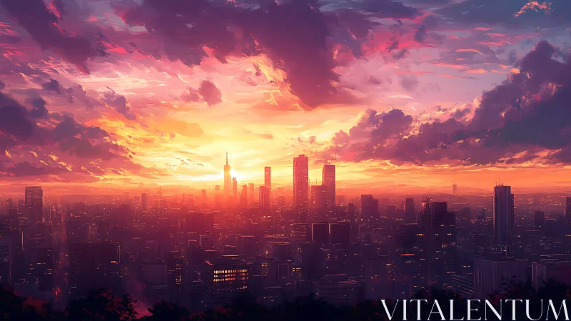 Skyline swallowed by a blazing neon sunset ocean of light.