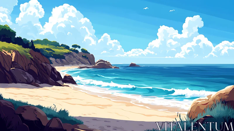 Coastal lithic escarpment with stylized wave dynamics under cumulus skies.