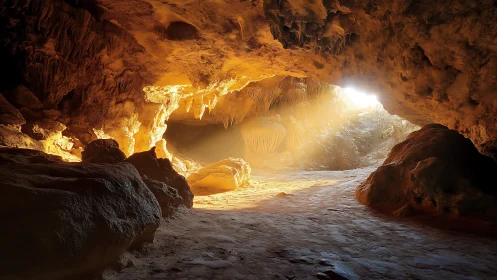 Sunlit cavern interior reveals stratified rock and dust-laden air