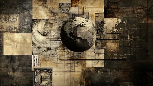Layered sepia world sphere intersects fragmented cartographic grid