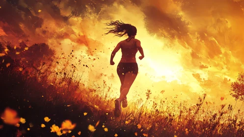 Silhouette of runner crossing sunlit field at sunset.